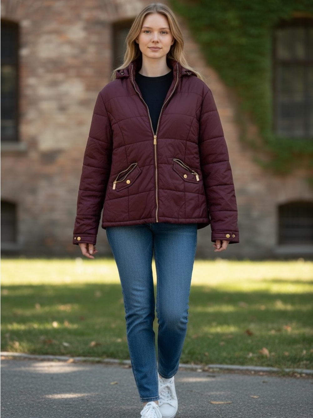 Quilted Hooded Puffer Jacket in Plum